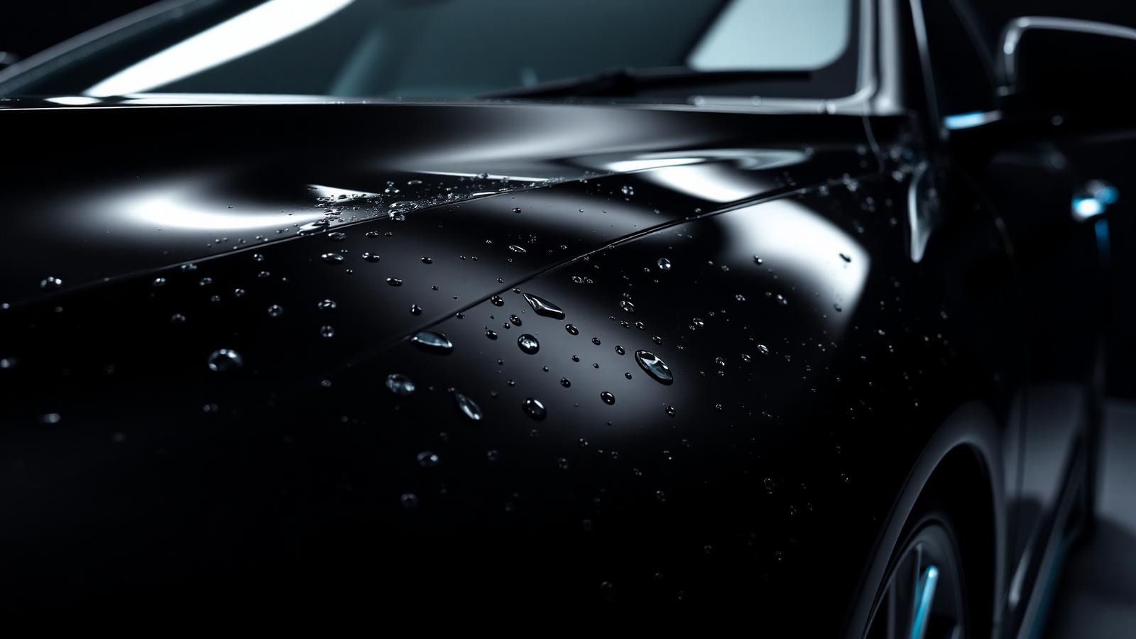 Glossy freshly detailed luxury car with water beads